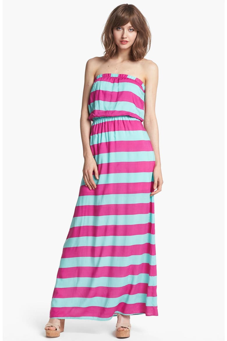 'Magnolia' Stripe Strapless Maxi Dress, Main, color, WATERFALL/ PLUM