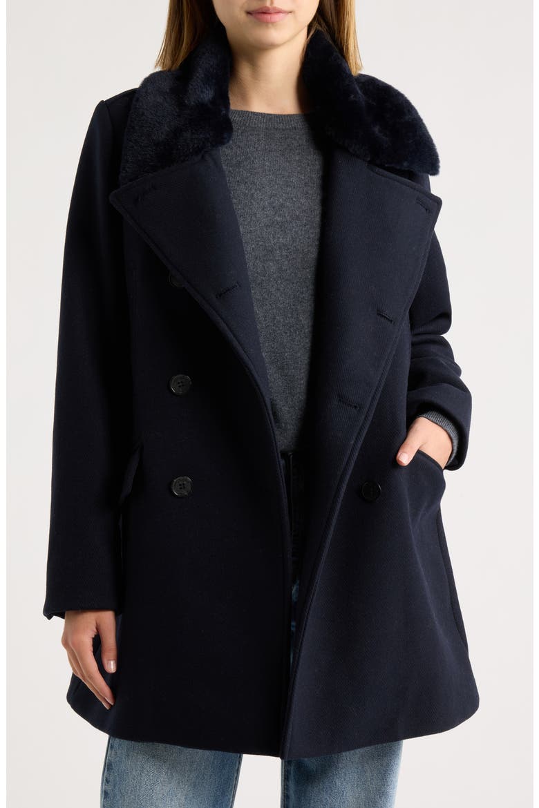 Verdine Faux Fur Collar Double Breasted Coat, Alternate, color, NAVY