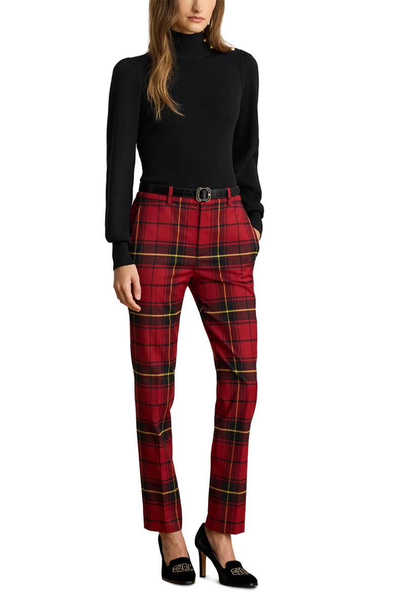 Lauren Ralph Lauren Plaid Stretch Wool Blend Ankle Straight Leg Pants, Alternate, color, Red/ Black/ Yellow Multi