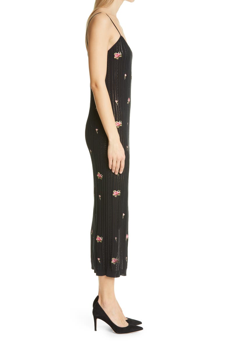 Rose Embroidered Midi Knit Slipdress, Alternate, color, 0NO NERO