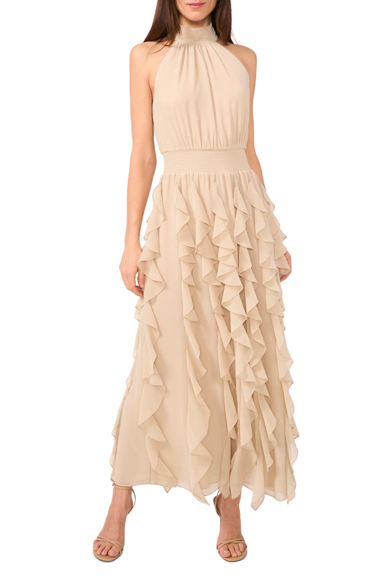 Flounce Cascading Sleeveless Maxi Dress, Main, color, CHAMPAGNE