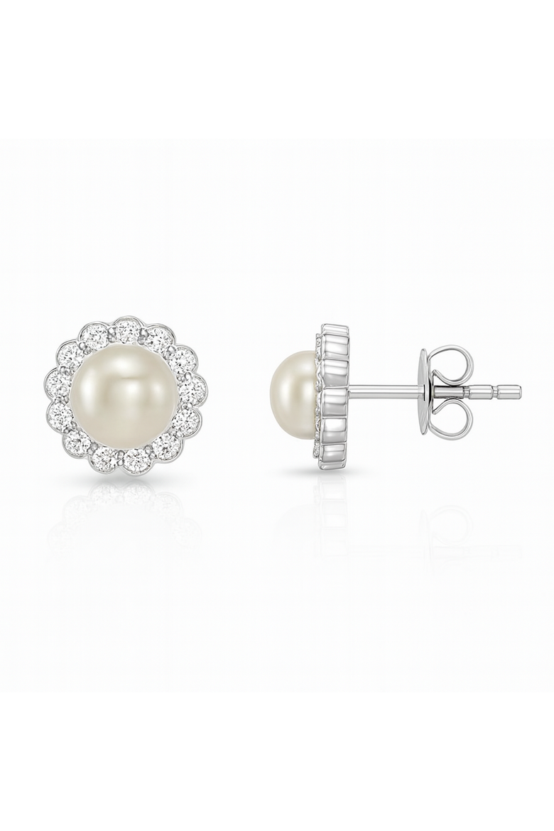 Sterling Silver Pearl Halo Earrings, Main, color, Silver