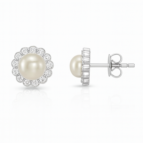 Sterling Silver Pearl Halo Earrings