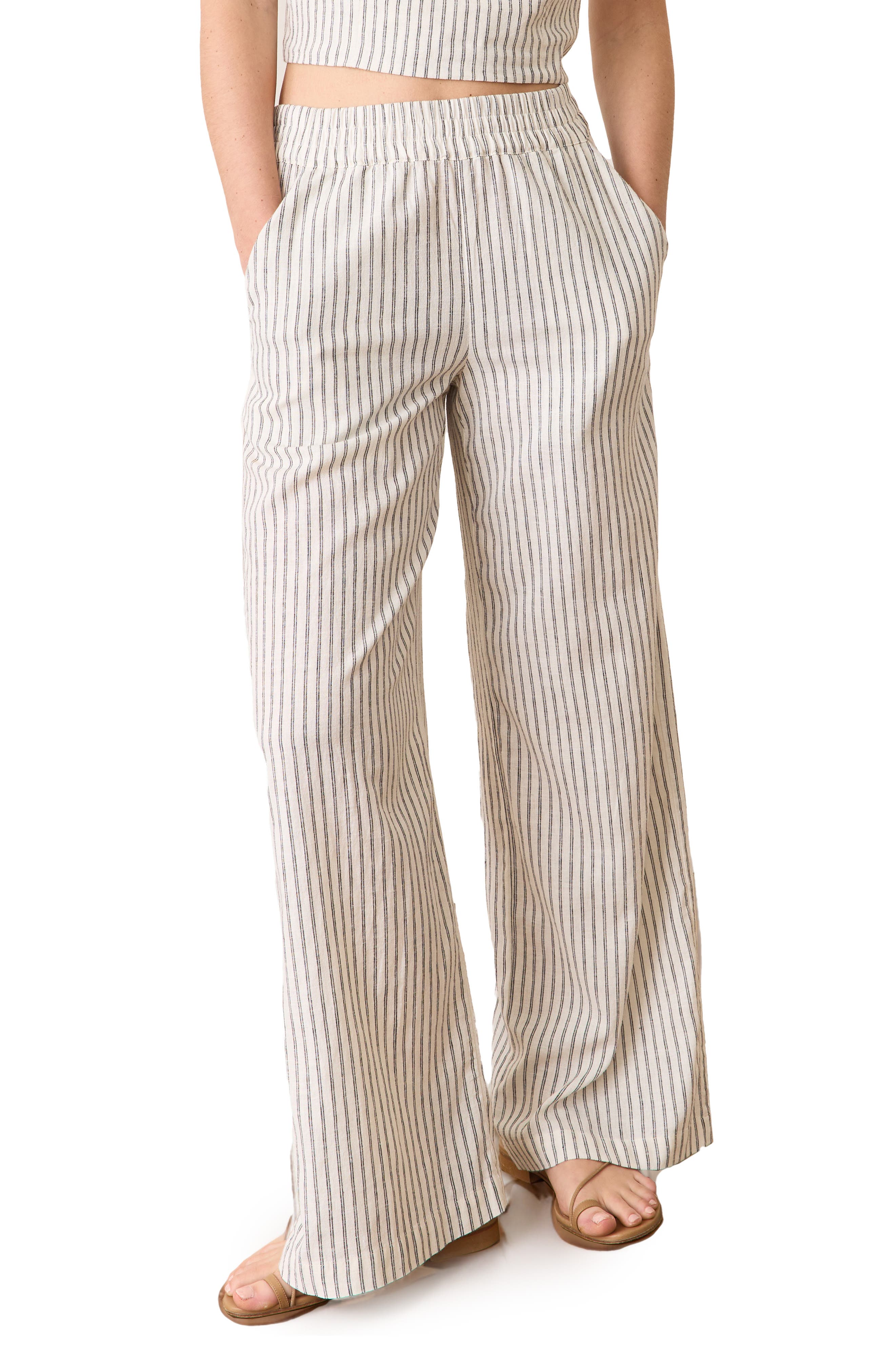 Marine Layer Allison Stripe Pull-On Wide Leg Hemp Blend Pants in Cream/navy at Nordstrom, Size Medium