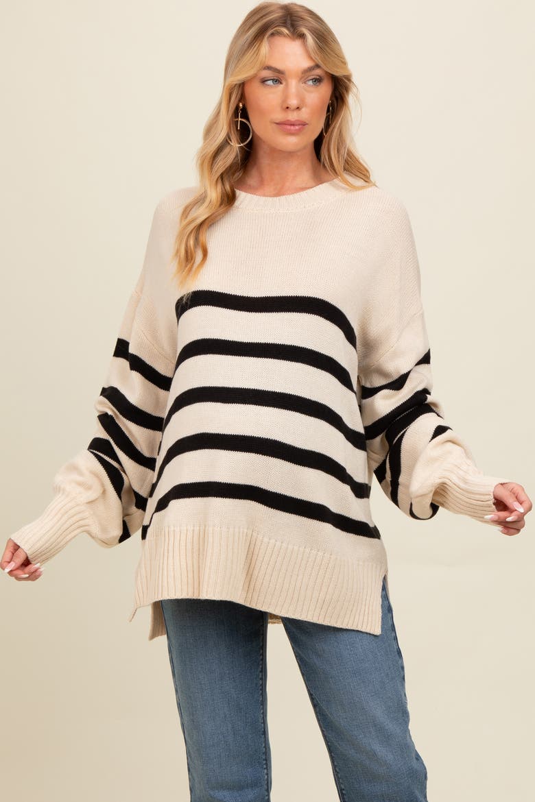 Striped Oversized Side Slit Sweater, Alternate, color, Taupe