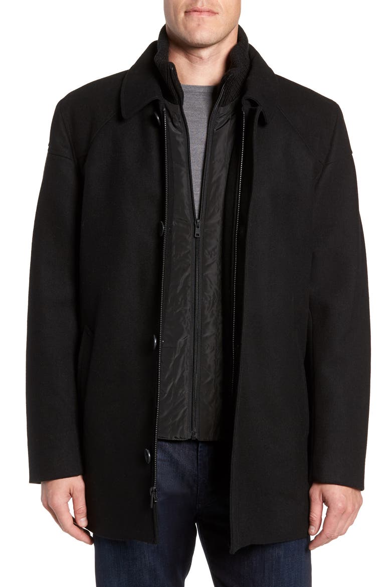 Melton Car Coat with Removable Bib, Main, color, BLACK