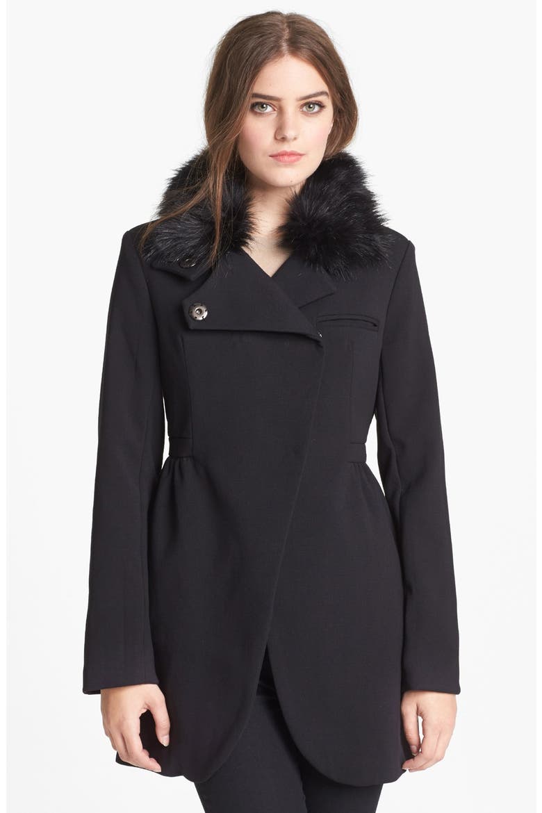 Asymmetrical Coat with Detachable Faux Fur Collar, Main, color, BLACK