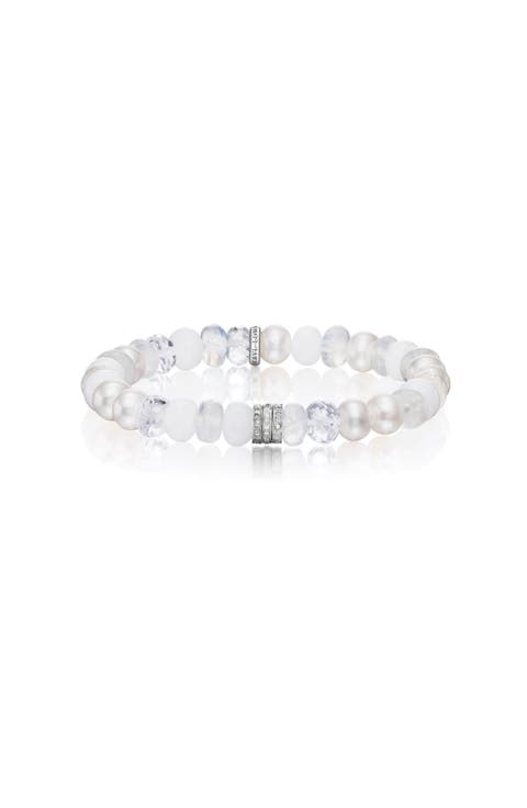 White Mix 8mm Bead Bracelet with 3 Clustered Diamond Rondelles