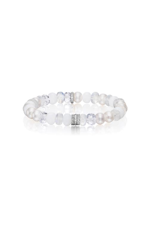 Sheryl Lowe White Mix 8mm Bead Bracelet With 3 Clustered Diamond Rondelles In Silver
