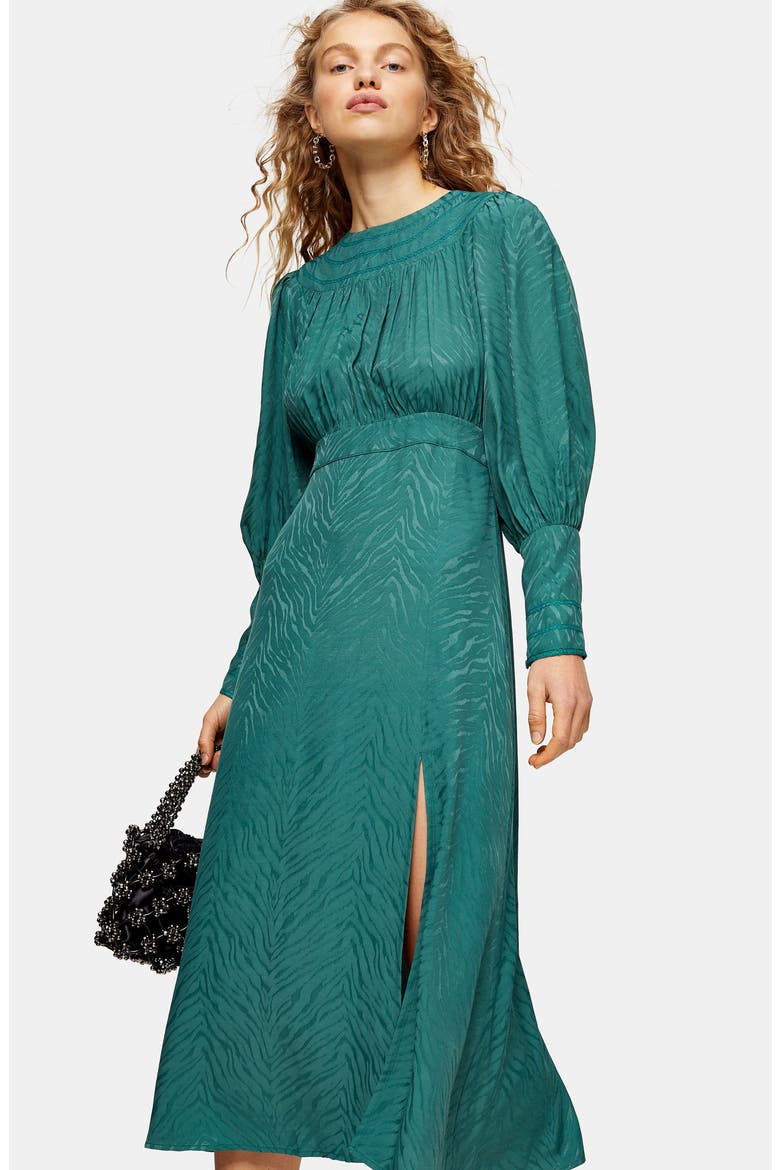 Fallen Long Sleeve Jacquard Midi Dress, Alternate, color, GREEN