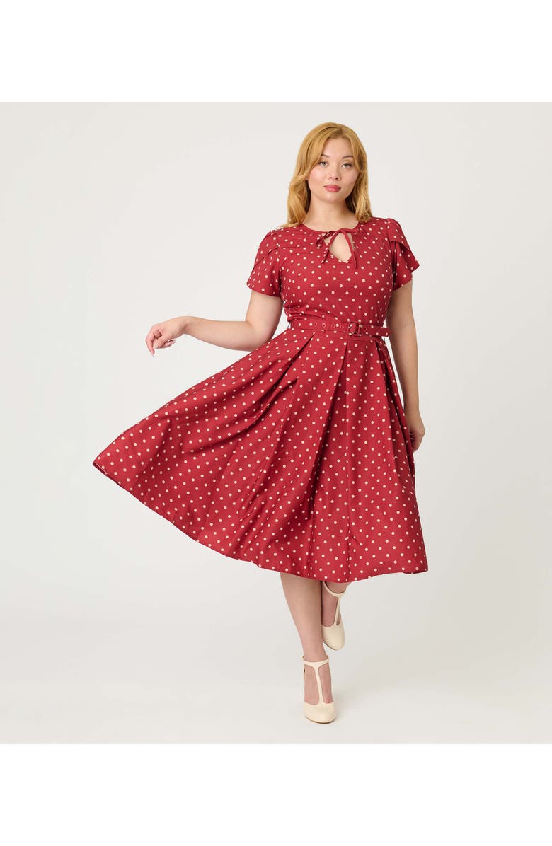 Unique Vintage Short Petal Sleeve Tie Neck Dahlia Swing Dress, Main, color, Red & Ivory Dot