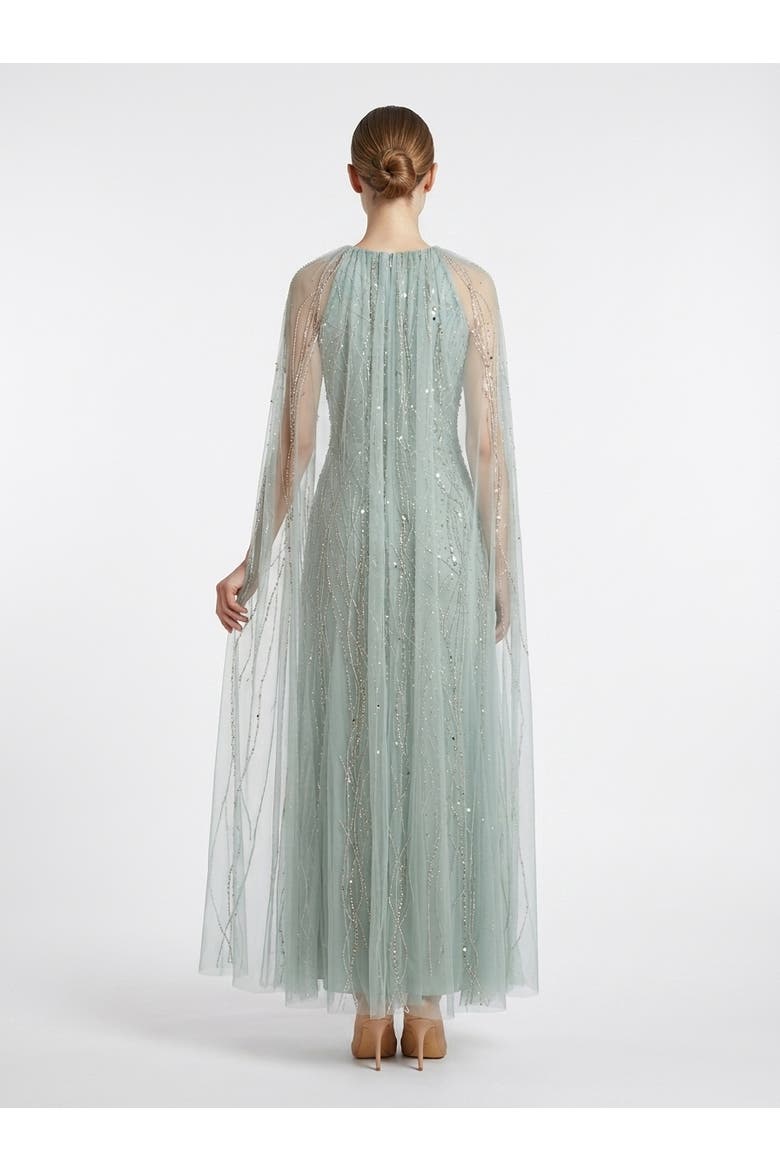 Elegant Beaded Dress with Long Cape, Alternate, color, Dusty Green