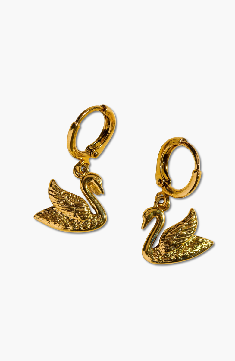 Nickel & Suede Swan Huggies, Main, color, Gold