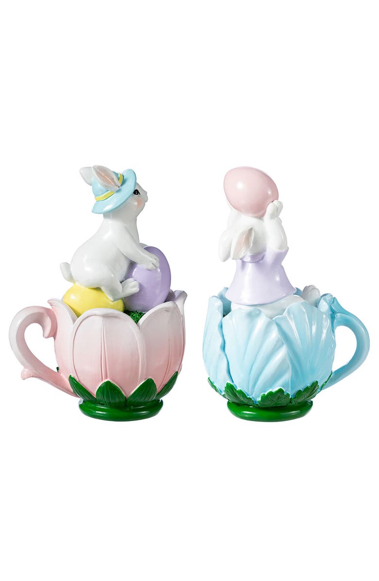 Glitzhome Set of 2 Easter Resin Bunny on Tulip Mug Table Decor, Alternate, color, White