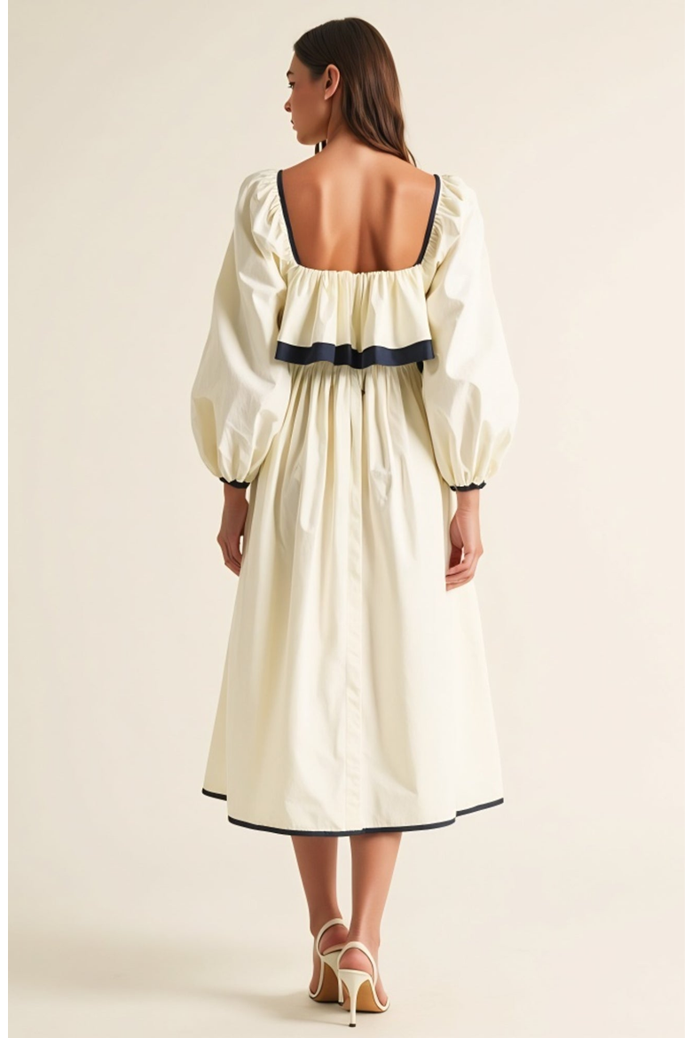 Long Sleeve Ruffle Trim Midi Dress with Tie Front Detail, Alternate, color, Off-white / Cream