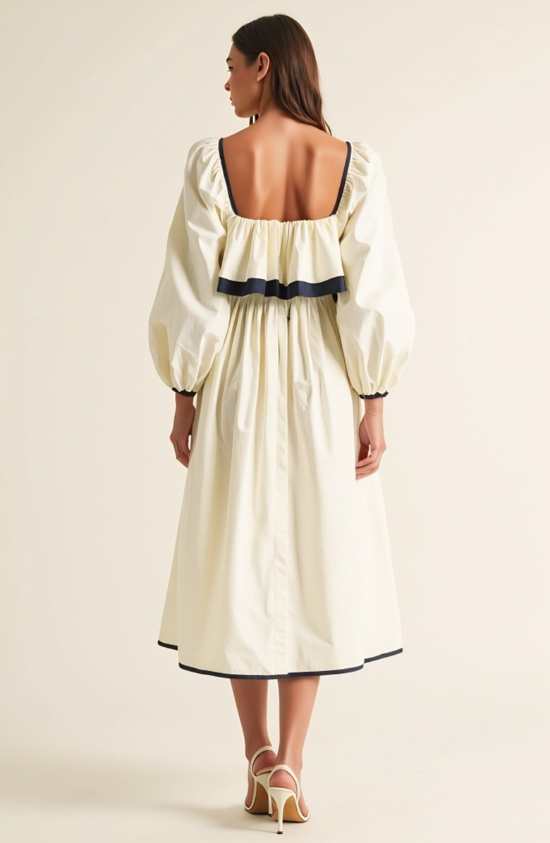 Modenaire Long Sleeve Ruffle Trim Midi Dress with Tie Front Detail, Alternate, color,