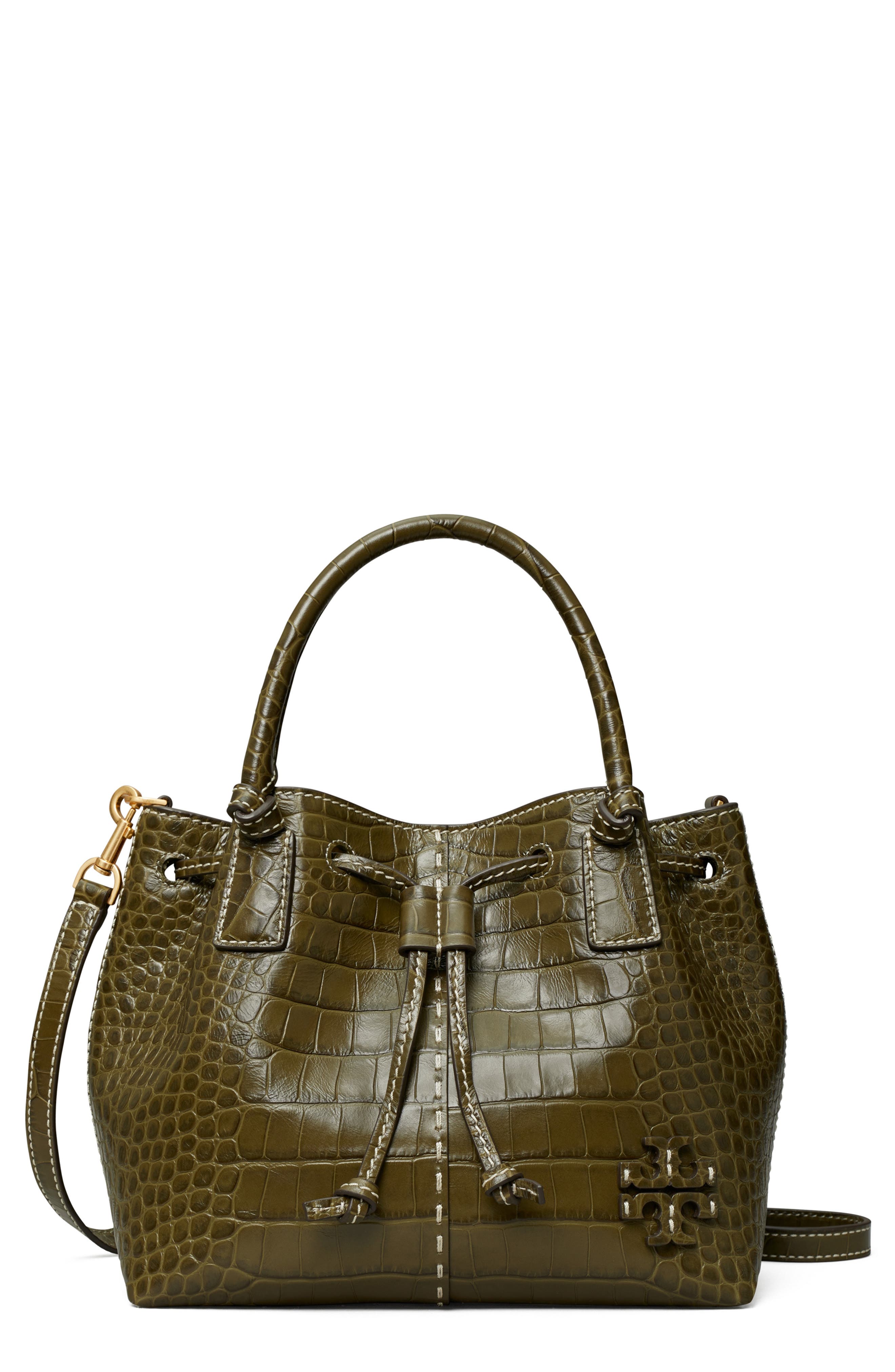 Tory Burch McGraw Small Drawstring Embossed Leather Satchel, Main, color, 