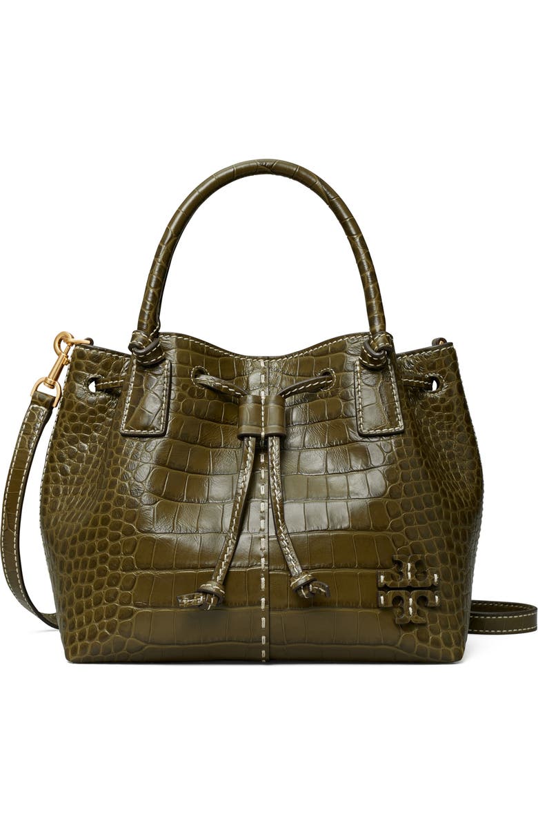 Tory Burch McGraw Small Drawstring Embossed Leather Satchel, Main, color,