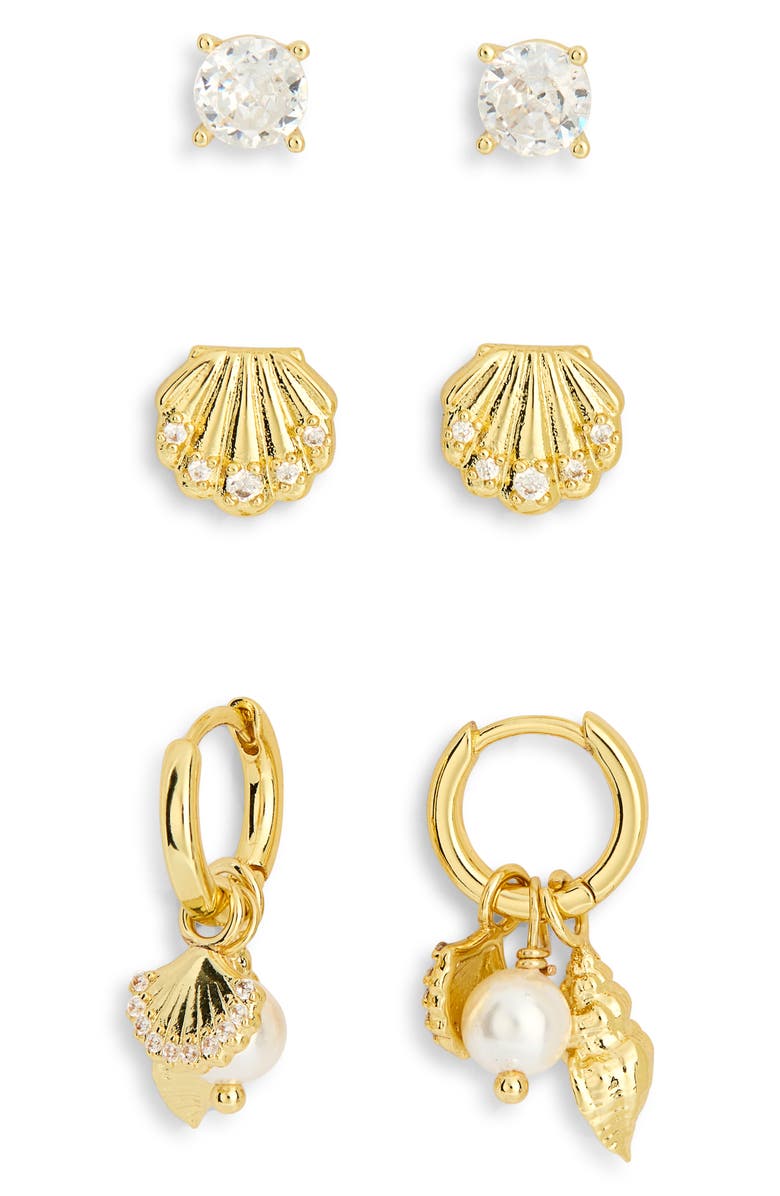 Leith Set of 3 Cubic Zirconia Stud, Shell & Cultured Pearl Charm Huggie Hoop Earrings, Alternate, color, Clear- White- Gold