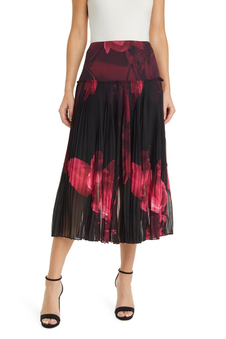 Raychi Floral Pleated Midi Skirt, Main, color, BLACK/ RED