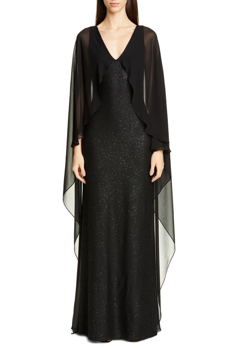Sculpted Sequin Tuck Knit Gown, Main, color, CAVIAR