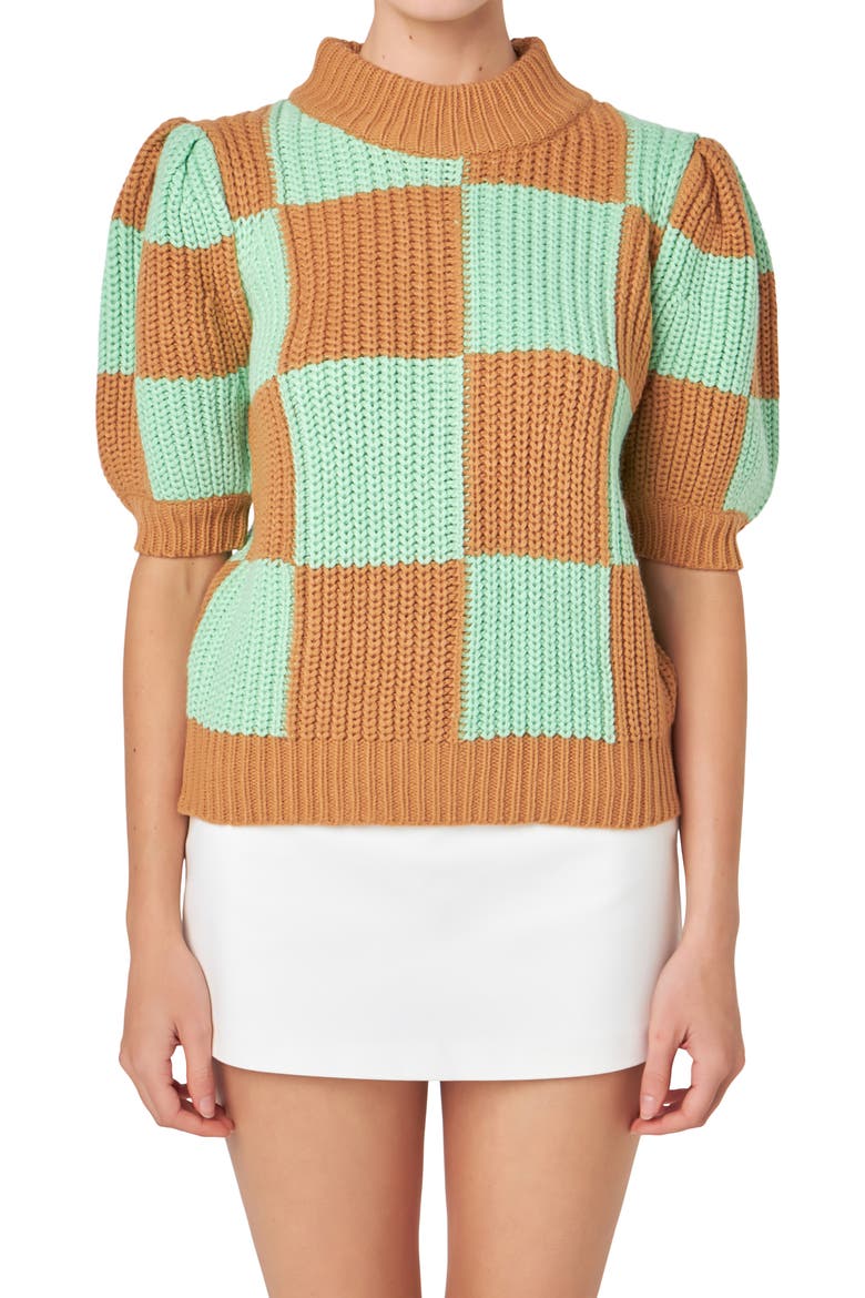 Check Pattern Short Sleeve Shaker Stitch Sweater, Main, color, BROWN GREEN