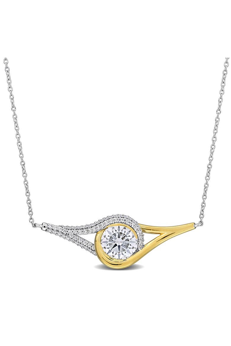 Moissanite Halo Necklace Two-Tone Sterling Silver, Main, color, Moissanite