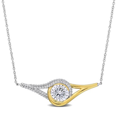 Moissanite Halo Necklace Two-Tone Sterling Silver
