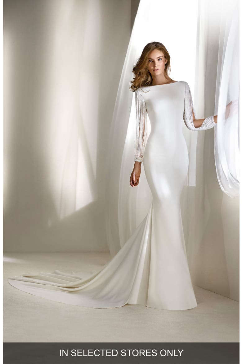 Relato Beaded Long Sleeve Mermaid Gown, Main, color, OFF WHITE