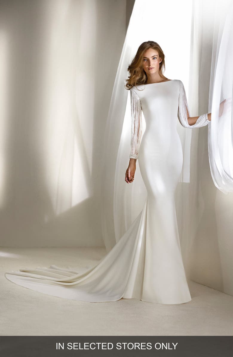 Atelier Pronovias Relato Beaded Long Sleeve Mermaid Gown, Main, color, 