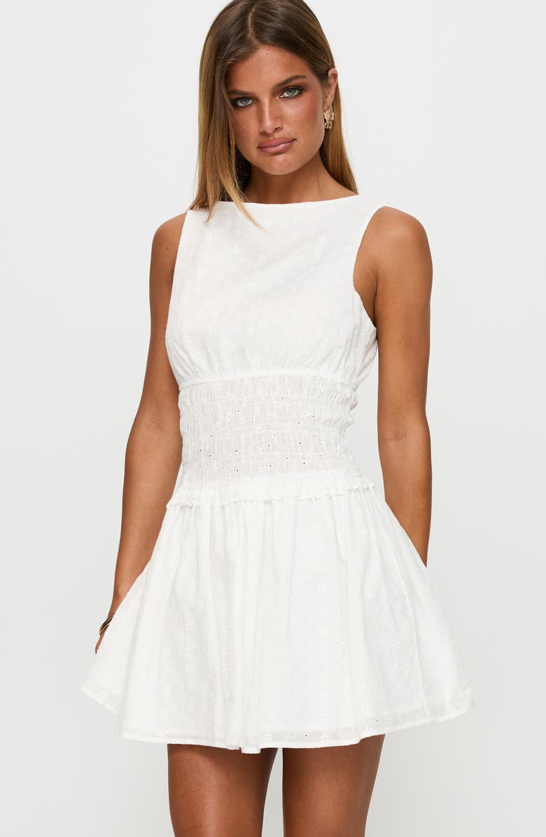 Princess Polly Yennifer Eyelet Smocked Cotton Mini Sundress, Alternate, color, White