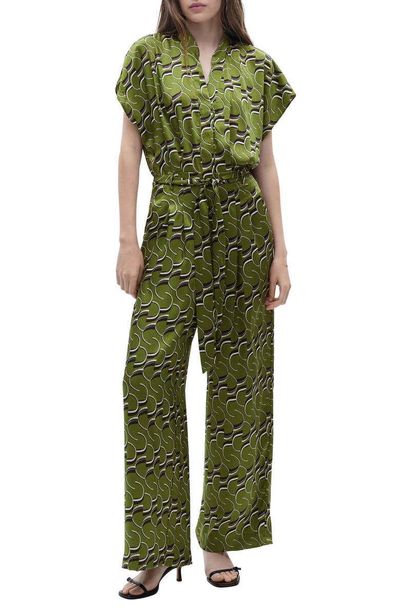 MANGO Geo Print Belted Satin Jumpsuit, Main, color, 
