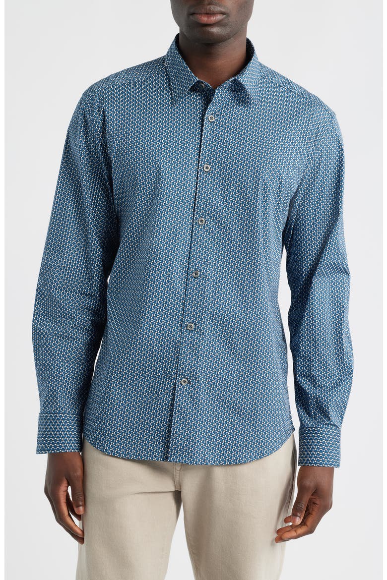 Oakley Modern Fit Microgeometric Print Stretch Cotton Button-Up Shirt, Main, color, BLUE