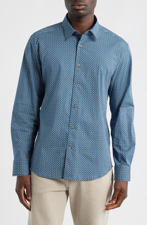 Oakley Modern Fit Microgeometric Print Stretch Cotton Button-Up Shirt