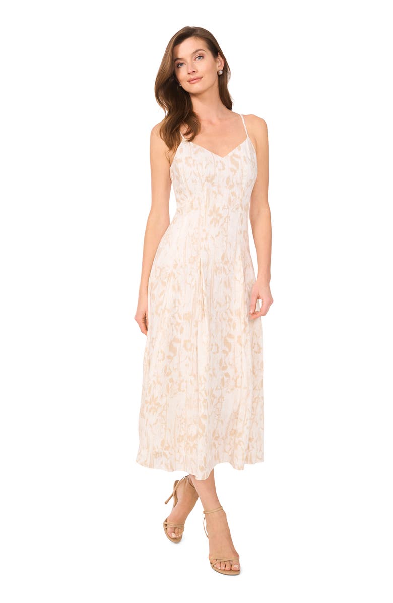 Vince Camuto Floral Godet Pleat Linen Blend Dress, Alternate, color, 