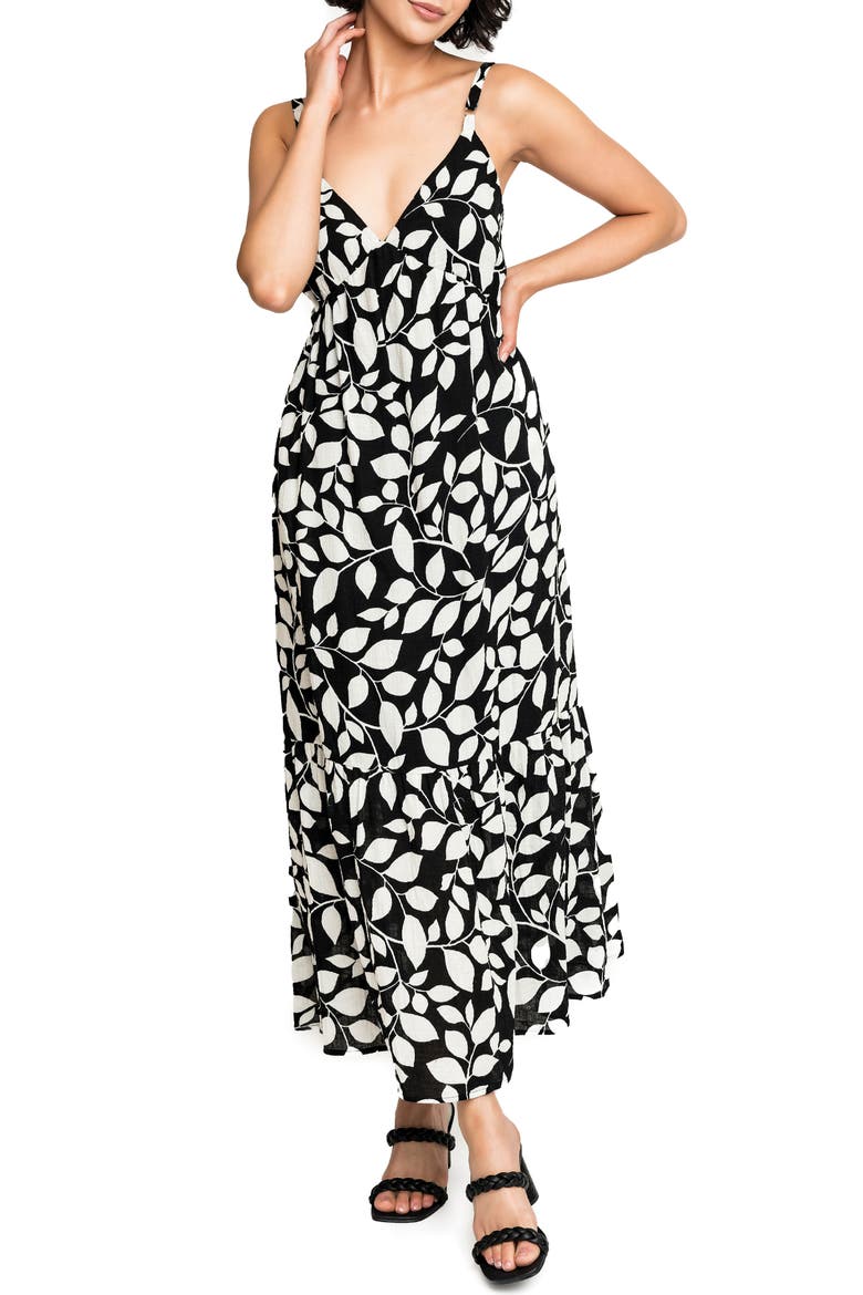 Carmen Tie Back Maxi Sundress, Main, color, BLACK NOIR VINE PRINT