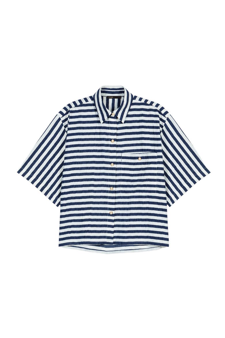Cropped linen-blend shirt, Alternate, color, White/blue