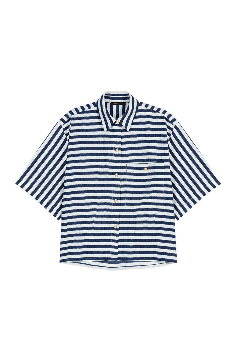 maje Cropped linen-blend shirt, Alternate, color, White/Blue