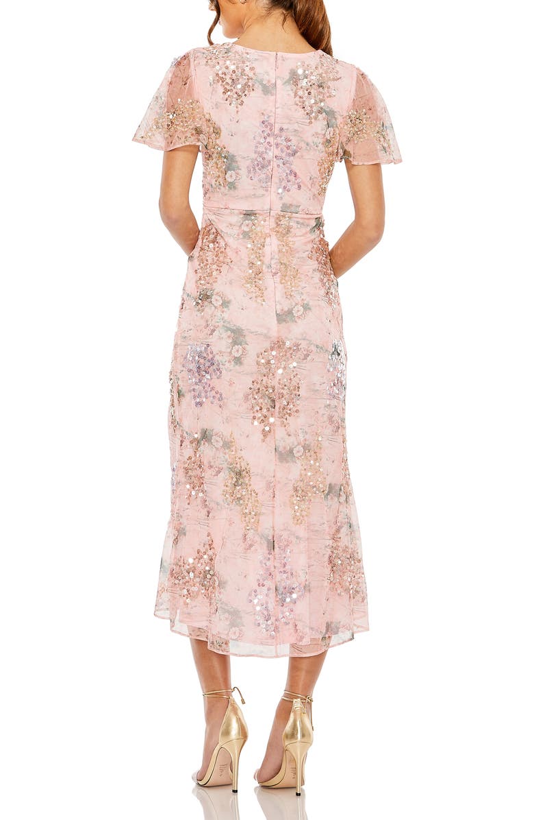 Mac Duggal Printed Mesh Flutter Sleeve Faux Wrap Midi Dress, Alternate, color, Rose