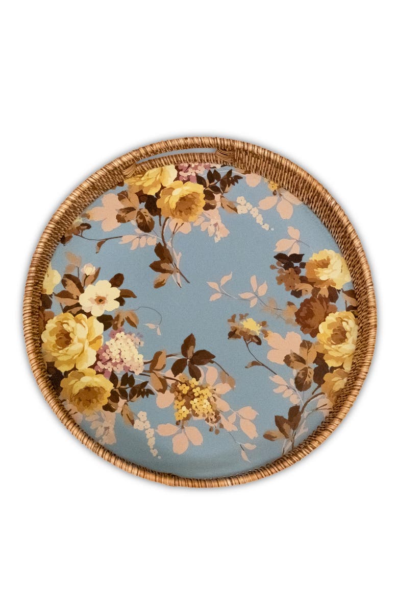 Wild Rose Slate Enameled Steel & Rattan Tray, Main, color, BLUE