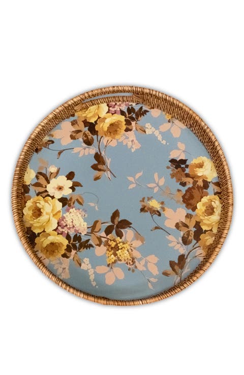 Wild Rose Slate Enameled Steel & Rattan Tray