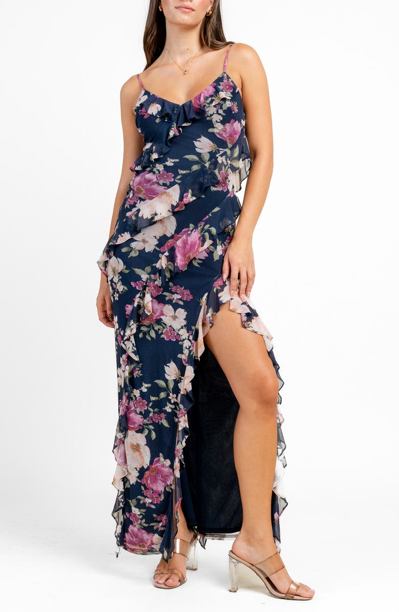 Beivy Cascade Ruffle Maxi Dress, Alternate, color, Navy