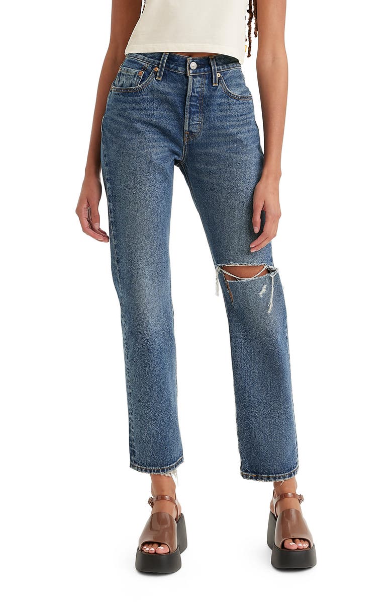 Levi's<sup>®</sup> 501<sup>®</sup> Ripped High Waist Straight Leg Jeans, Main, color, 