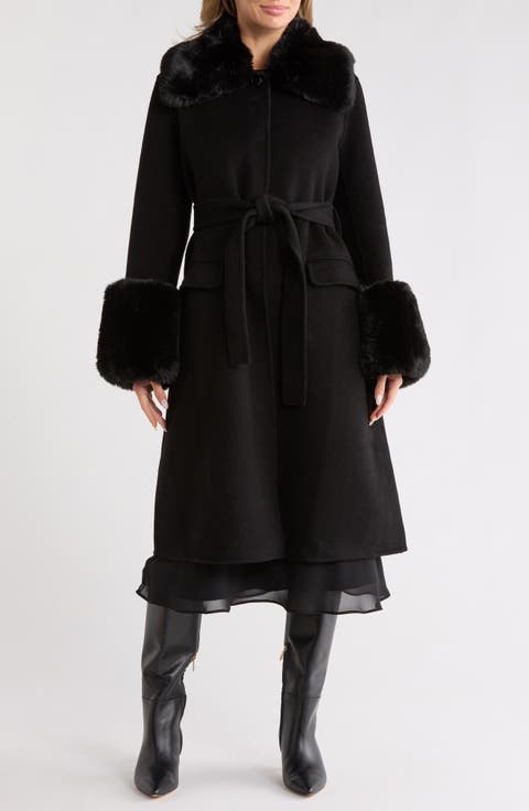 Longline Wool Coat with Faux Fur Trim
