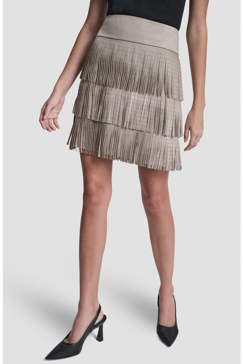 Studded Fringe Faux Suede Miniskirt, Main, color, PEBBLE