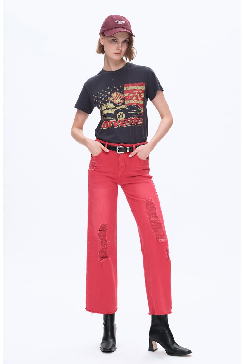 Ally High Waist Distressed Straight Leg Jeans, Alternate, color, RED