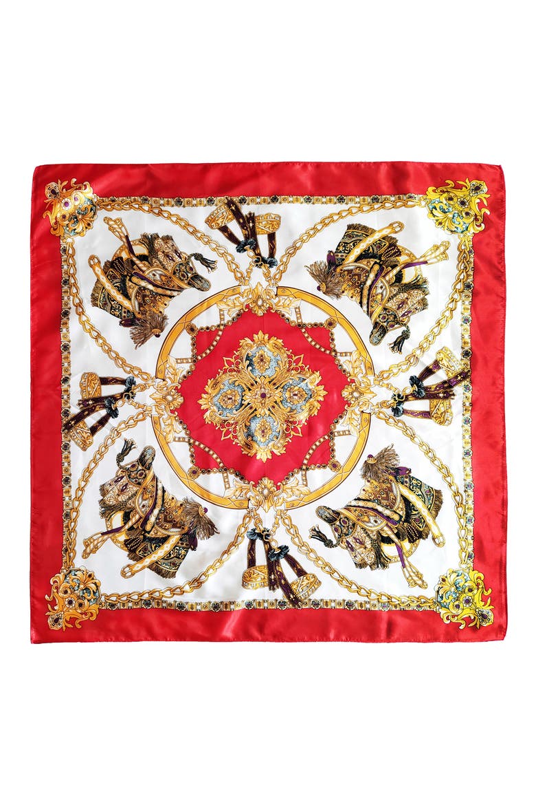 Chain Print Square Scarf, Alternate, color, RED/ GOLD
