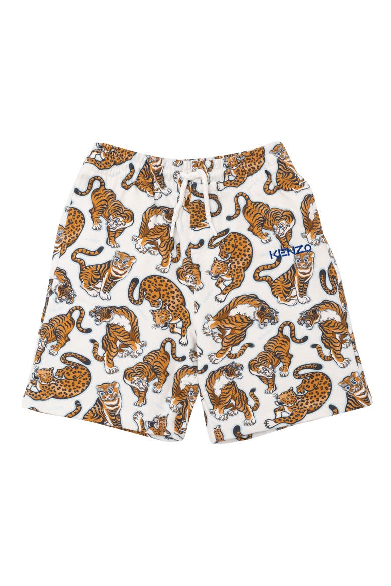 Kids' Tiger & Leopard Print Drawstring Cotton Fleece Shorts, Main, color, OFF WHITE