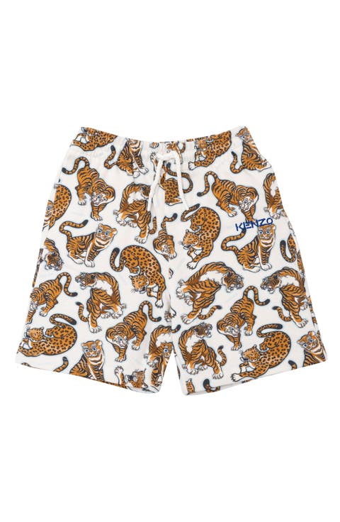 Kids' Tiger & Leopard Print Drawstring Cotton Fleece Shorts