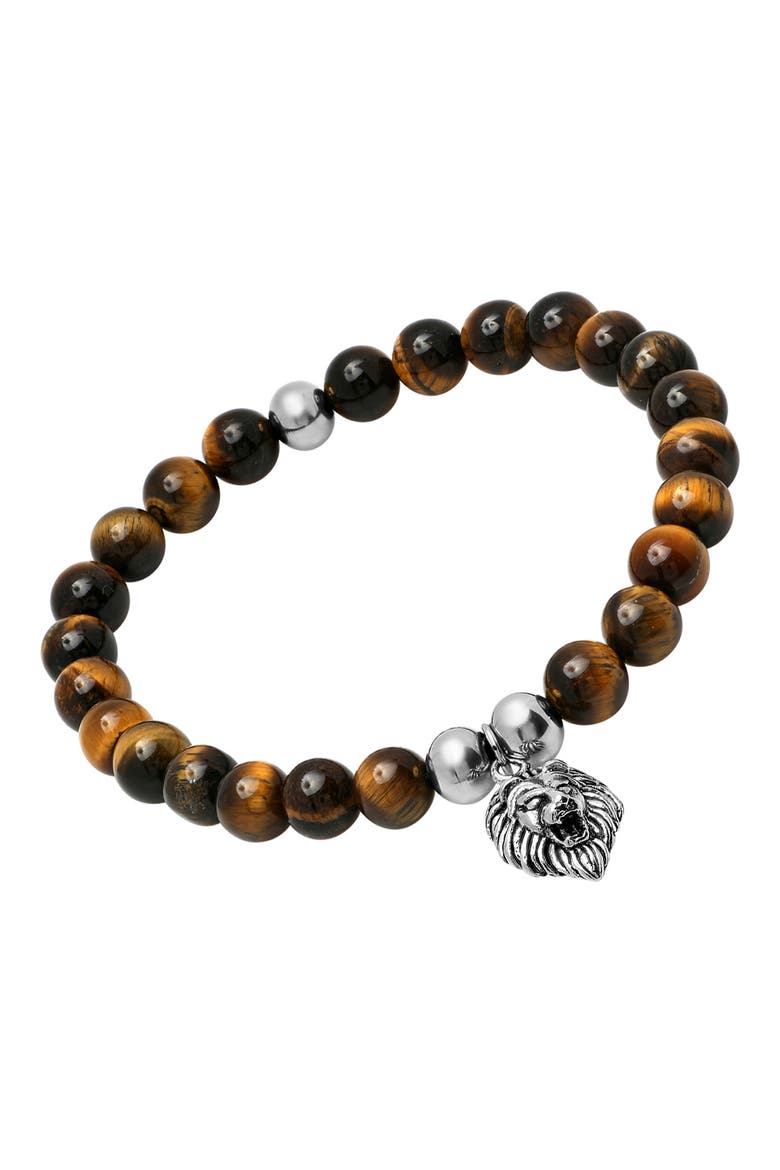 Stainless Steel & Tiger Eye Beaded Tiger Charm Bracelet, Alternate, color, METALLIC